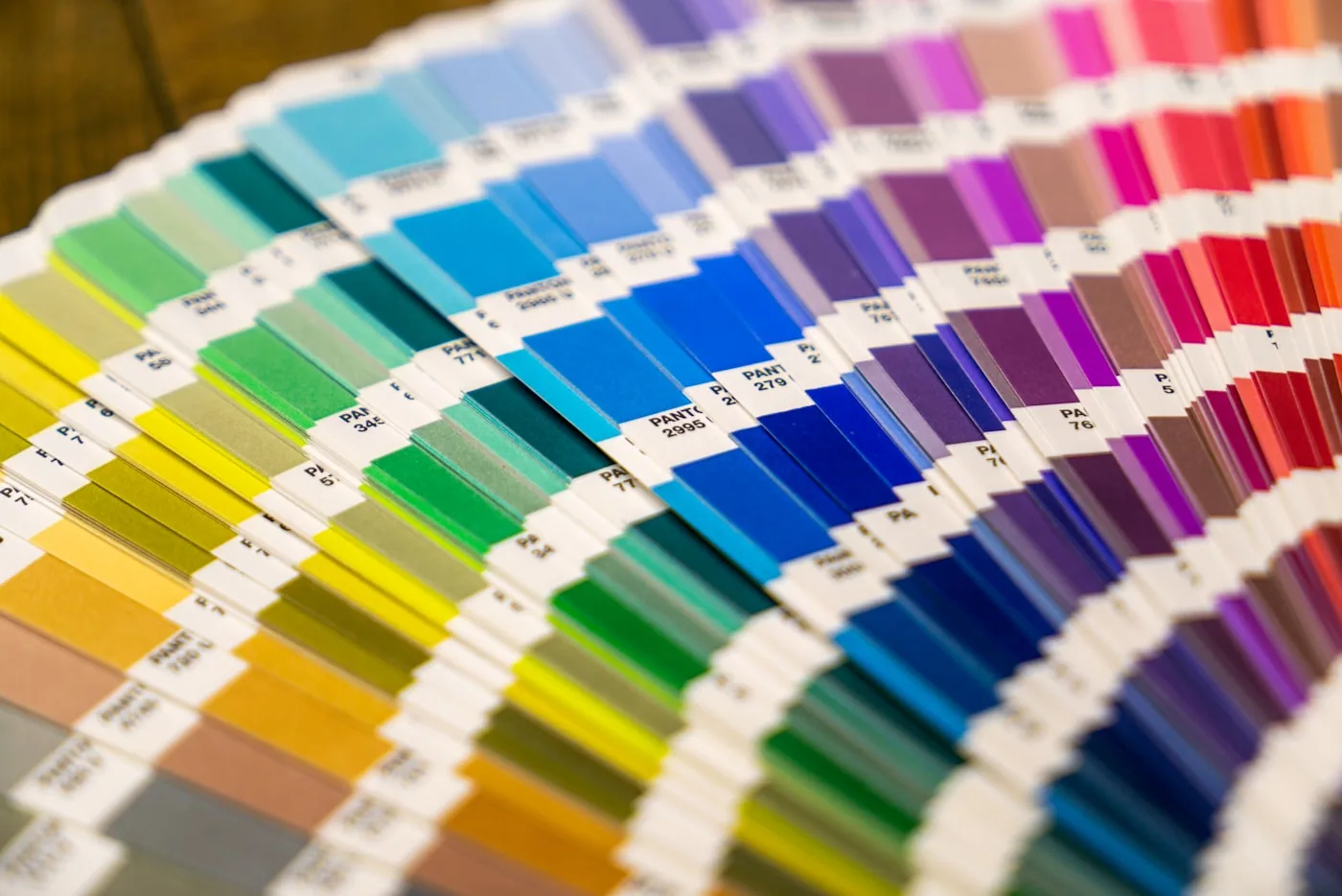 Échantillons de jerseys et molletons de différents grammages alignés autour d’une carte Pantone TCX.